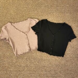 SHEIN Black and Pink Button-Down Tops